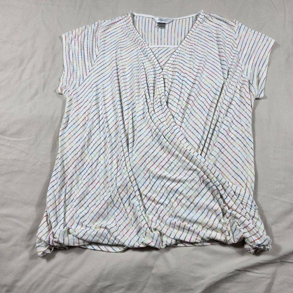 CJ Banks 1X White Rainbow Striped Faux Wrap Surplice Front Knit Blouse Top Plus